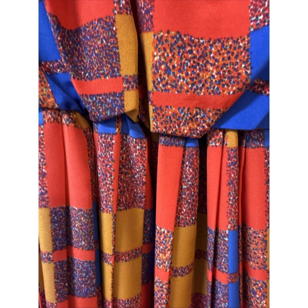 VTG‎ 80s Patchwork Eileen Scott Pleated Secretary Geek Dress USA  Long Sleeve